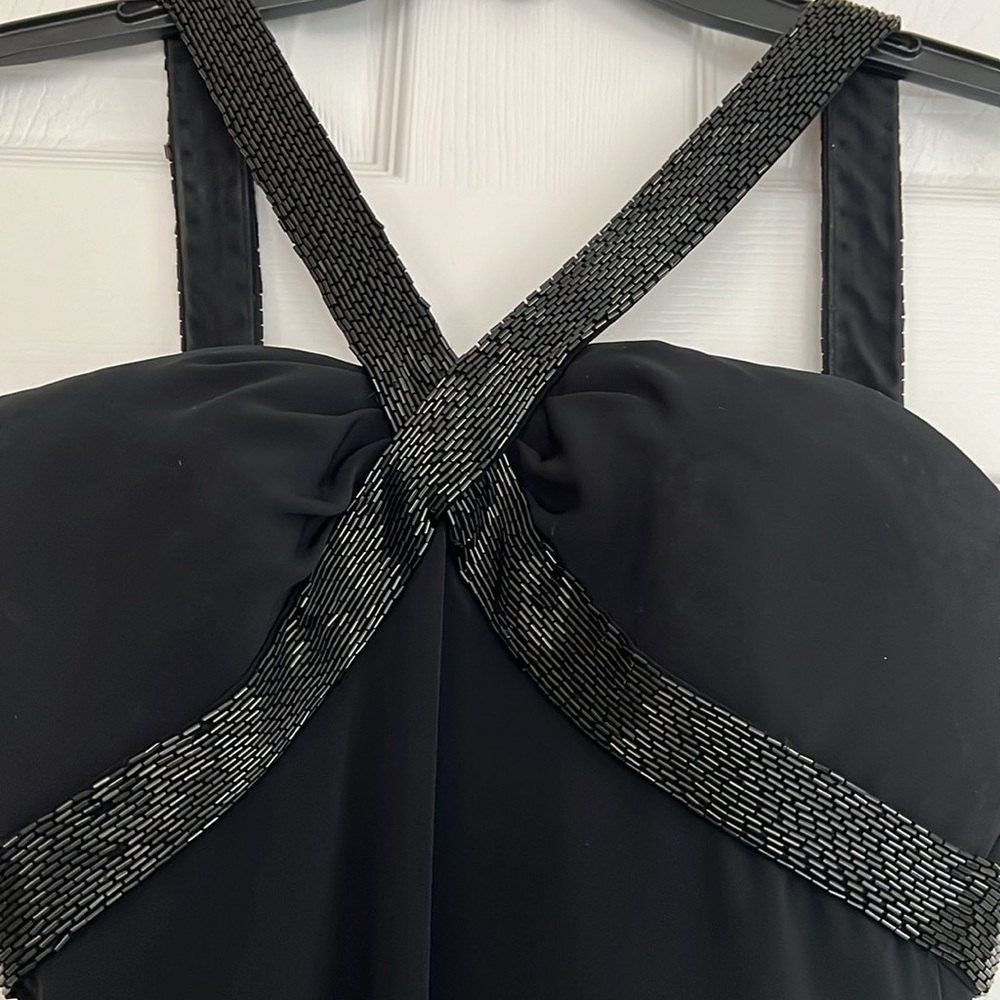 Vintage Cache Black Sheath Cocktail Mini Dress V Neck ThickStraps Beading Size 4 - Picture 4 of 17